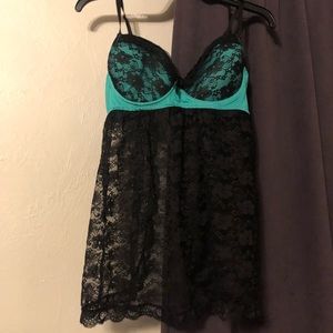 Emerald green and black lace babydoll